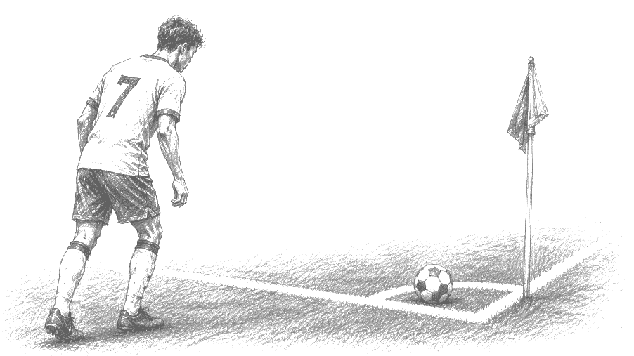 Set-piece routine drawn on a tactical board — six prepared player roles forming a designed attacking outcome